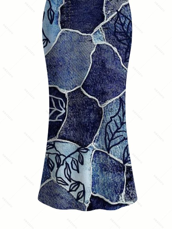 Vacation Dress Faux Denim Patchwork Leaf Print Spaghetti Strap Maxi Bodycon Dress - Bleu profond XXXXL | US 18
