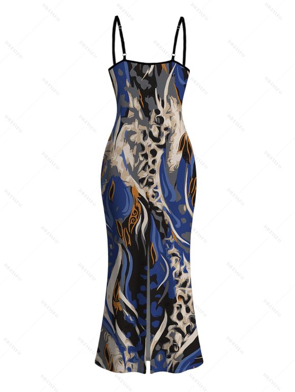 Vintage Dress Mixed Color Leopard Fluid Print Spaghetti Strap Maxi Bodycon Dress - Bleu profond XXL | US 14