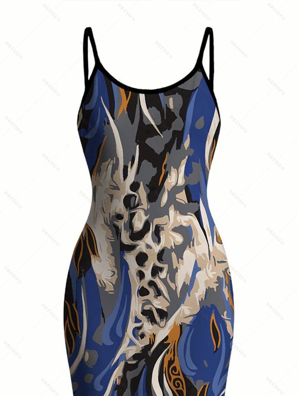 Vintage Dress Mixed Color Leopard Fluid Print Spaghetti Strap Maxi Bodycon Dress - Bleu profond XXL | US 14