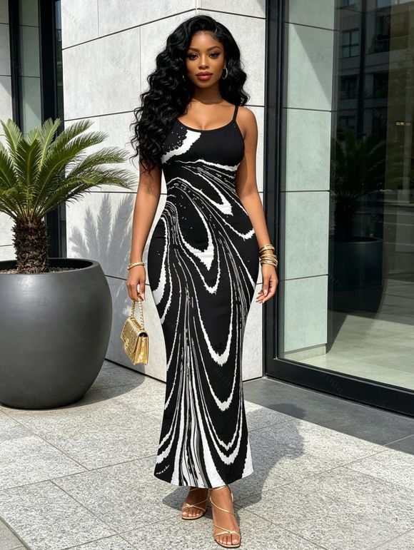 Vacation Dress Monochrome Fluid Swirl Ombre Print Spaghetti Strap Maxi Bodycon Dress - Noir XXL | US 14