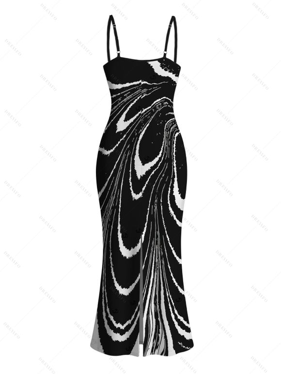 Vacation Dress Monochrome Fluid Swirl Ombre Print Spaghetti Strap Maxi Bodycon Dress - Noir XXL | US 14