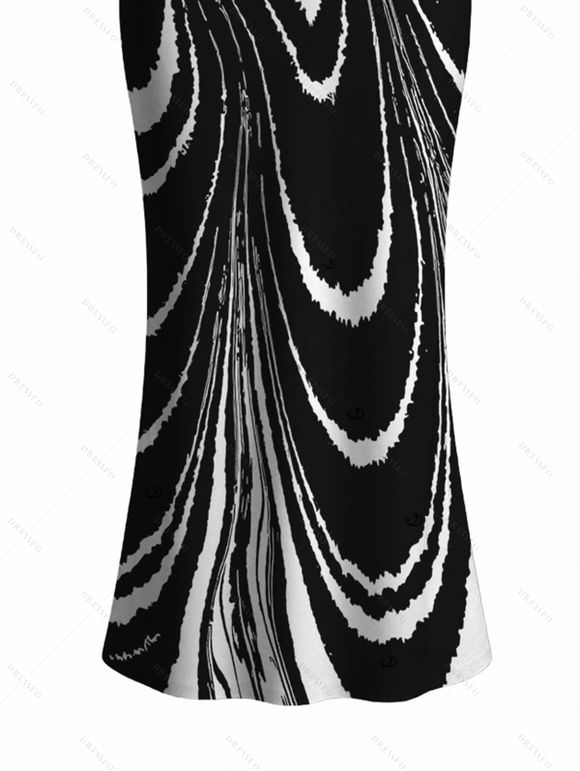 Vacation Dress Monochrome Fluid Swirl Ombre Print Spaghetti Strap Maxi Bodycon Dress - Noir XXL | US 14