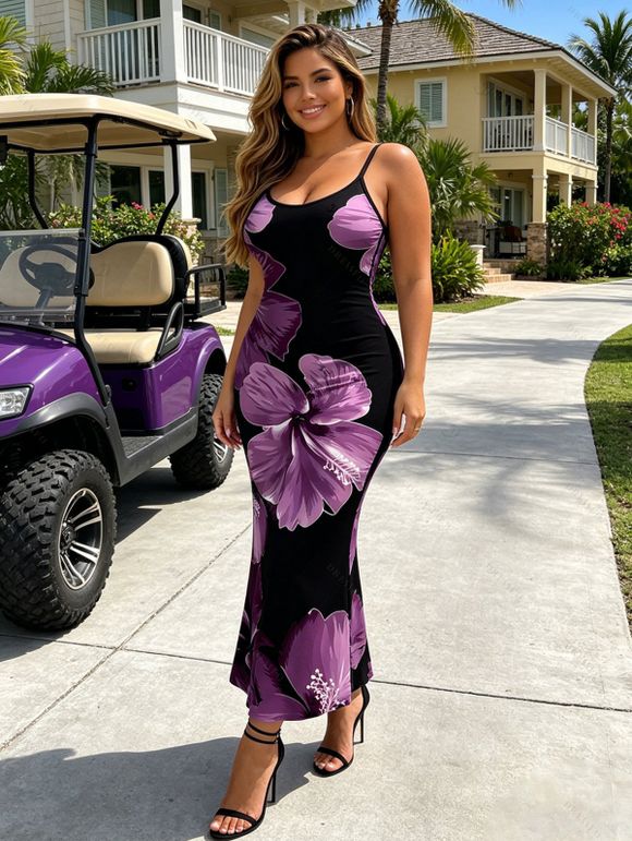 Vacation Dress Contrast Color Hibiscus Floral Pattern Spaghetti Strap Maxi Bodycon Dress - Noir XXL | US 14