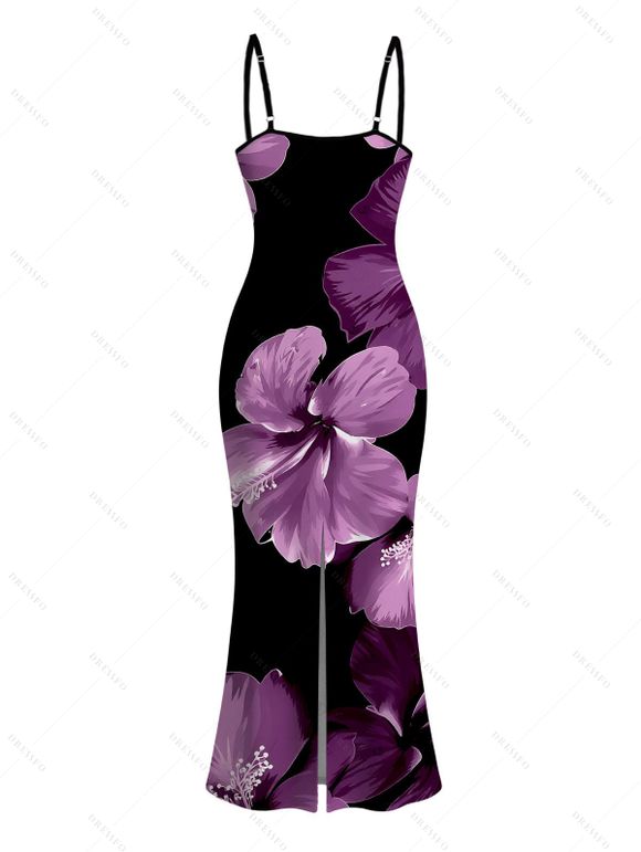 Vacation Dress Contrast Color Hibiscus Floral Pattern Spaghetti Strap Maxi Bodycon Dress - Noir XXL | US 14