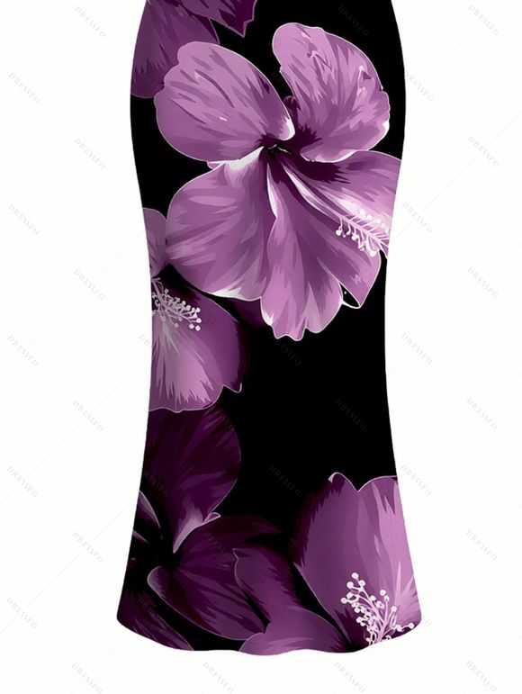 Vacation Dress Contrast Color Hibiscus Floral Pattern Spaghetti Strap Maxi Bodycon Dress - Noir XXL | US 14