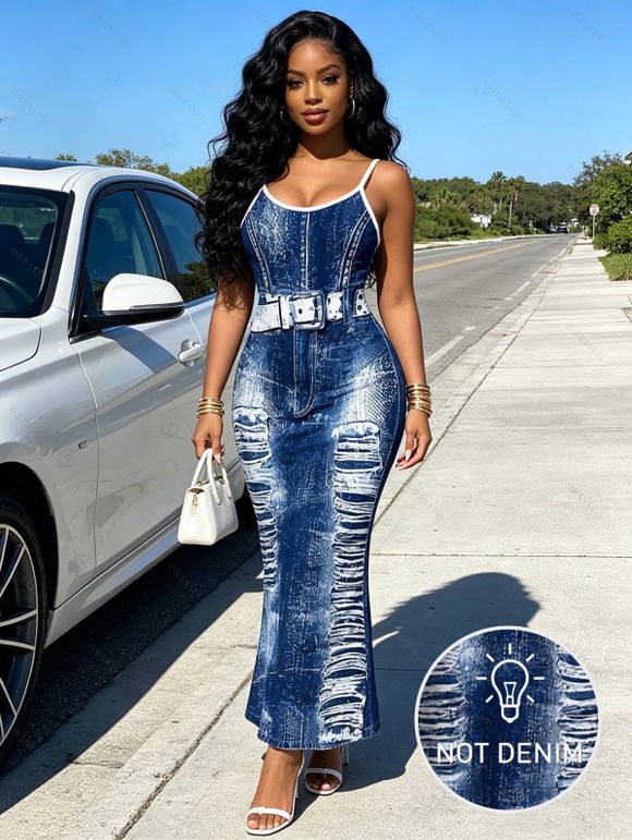 Vacation Dress Distressed Faux Denim Print Spaghetti Strap Maxi Bodycon Dress - Bleu profond XXL | US 14