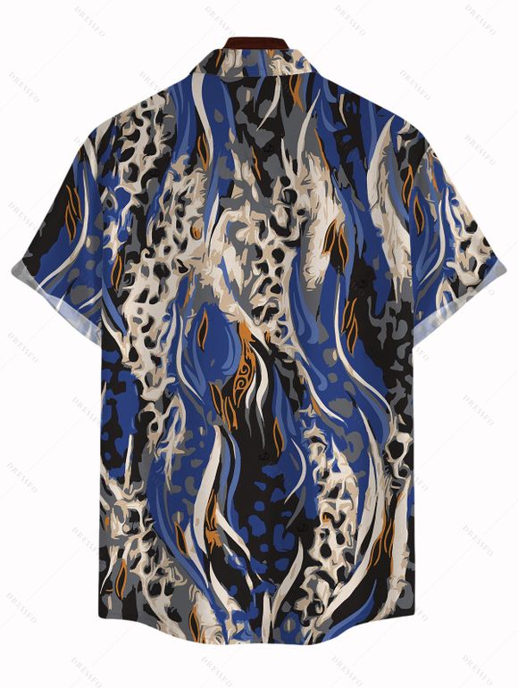 Men's Vintage Shirt Mixed Color Leopard Fluid Print Button Up Shirt - Bleu profond S