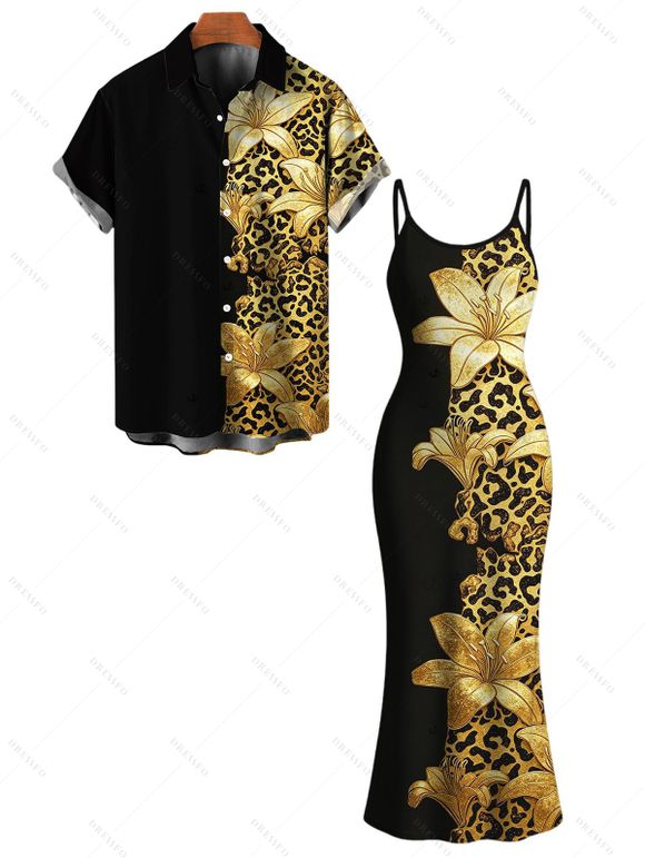 Vacation Couple Outfit Contract Color Lily Floral Leopard Print Spaghetti Strap Maxi Bodycon Dress and Shirt Set - Noir S | US 4