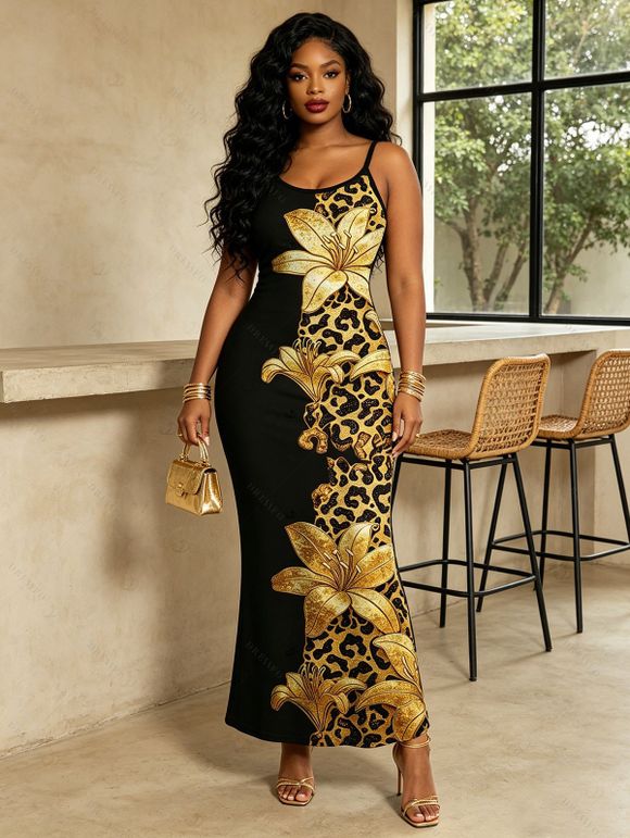 Vacation Couple Outfit Contract Color Lily Floral Leopard Print Spaghetti Strap Maxi Bodycon Dress and Shirt Set - Noir S | US 4