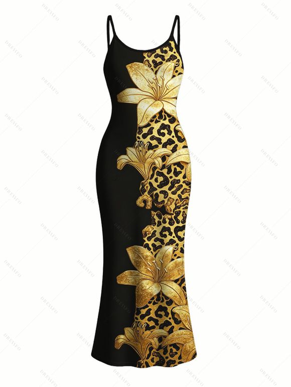 Vacation Couple Outfit Contract Color Lily Floral Leopard Print Spaghetti Strap Maxi Bodycon Dress and Shirt Set - Noir S | US 4