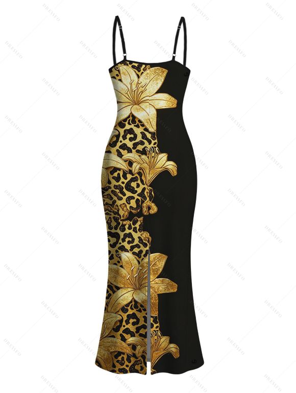 Vacation Couple Outfit Contract Color Lily Floral Leopard Print Spaghetti Strap Maxi Bodycon Dress and Shirt Set - Noir S | US 4