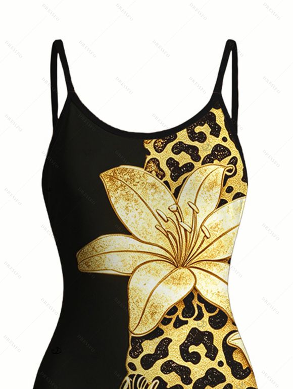 Vacation Couple Outfit Contract Color Lily Floral Leopard Print Spaghetti Strap Maxi Bodycon Dress and Shirt Set - Noir S | US 4