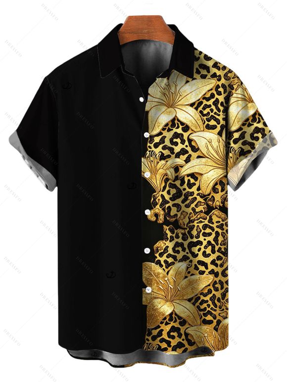 Vacation Couple Outfit Contract Color Lily Floral Leopard Print Spaghetti Strap Maxi Bodycon Dress and Shirt Set - Noir S | US 4
