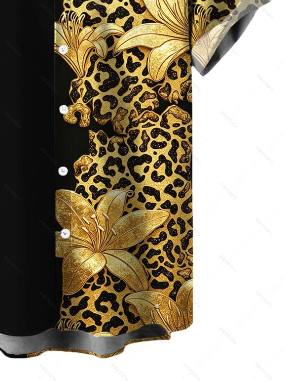 Vacation Couple Outfit Contract Color Lily Floral Leopard Print Spaghetti Strap Maxi Bodycon Dress and Shirt Set - Noir S | US 4