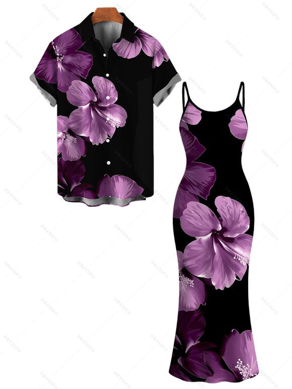 Vacation Couple Outfit Contrast Color Hibiscus Floral Pattern Spaghetti Strap Maxi Bodycon Dress and Shirt Set - Noir S | US 4