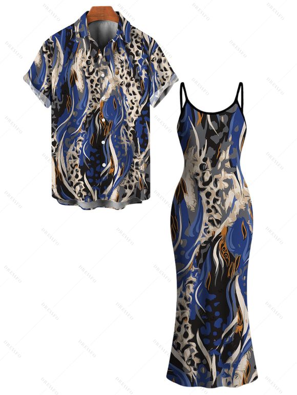 Vintage Couple Outfit Mixed Color Leopard Fluid Print Spaghetti Strap Maxi Bodycon Dress and Shirt Set - Bleu profond S | US 4