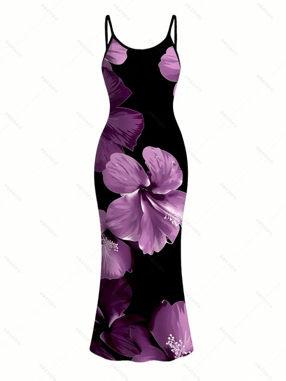 Vacation Couple Outfit Contrast Color Hibiscus Floral Pattern Spaghetti Strap Maxi Bodycon Dress and Shirt Set - Noir S | US 4