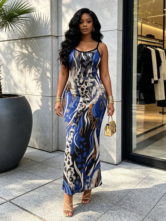 Vintage Couple Outfit Mixed Color Leopard Fluid Print Spaghetti Strap Maxi Bodycon Dress and Shirt Set - Bleu profond S | US 4
