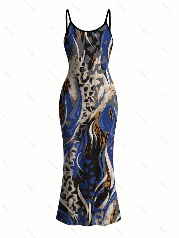 Vintage Couple Outfit Mixed Color Leopard Fluid Print Spaghetti Strap Maxi Bodycon Dress and Shirt Set - Bleu profond S | US 4