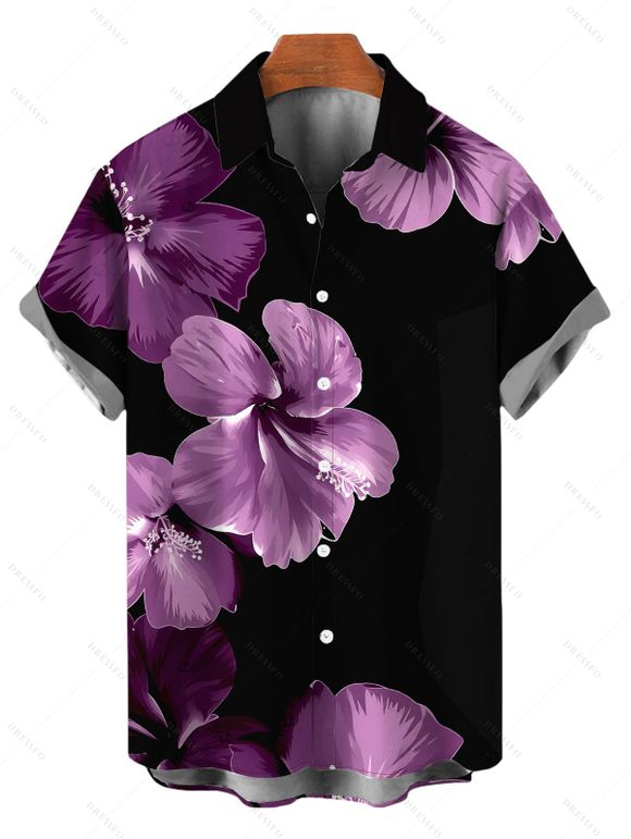 Vacation Couple Outfit Contrast Color Hibiscus Floral Pattern Spaghetti Strap Maxi Bodycon Dress and Shirt Set - Noir S | US 4