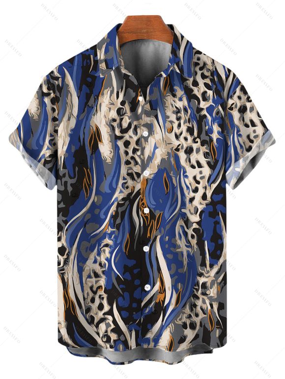 Vintage Couple Outfit Mixed Color Leopard Fluid Print Spaghetti Strap Maxi Bodycon Dress and Shirt Set - Bleu profond S | US 4