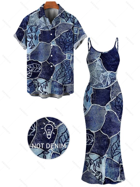 Vacation Couple Outfit Faux Denim Patchwork Leaf Print Spaghetti Strap Maxi Bodycon Dress and Shirt Set - Bleu profond S | US 4