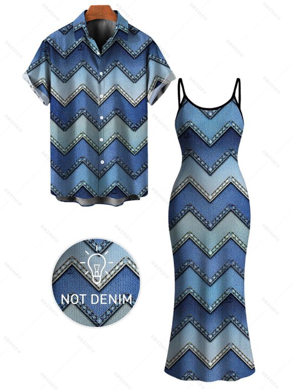 Vintage Couple Outfit Ombre Faux Denim Zig Zag Print Spaghetti Strap Maxi Bodycon Dress and Shirt Set - Bleu S | US 4