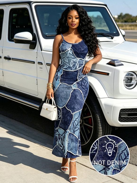 Vacation Couple Outfit Faux Denim Patchwork Leaf Print Spaghetti Strap Maxi Bodycon Dress and Shirt Set - Bleu profond S | US 4
