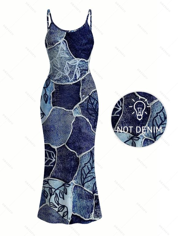 Vacation Couple Outfit Faux Denim Patchwork Leaf Print Spaghetti Strap Maxi Bodycon Dress and Shirt Set - Bleu profond S | US 4