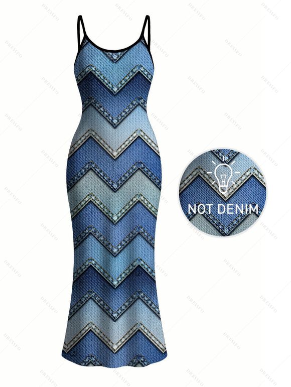 Vintage Couple Outfit Ombre Faux Denim Zig Zag Print Spaghetti Strap Maxi Bodycon Dress and Shirt Set - Bleu S | US 4