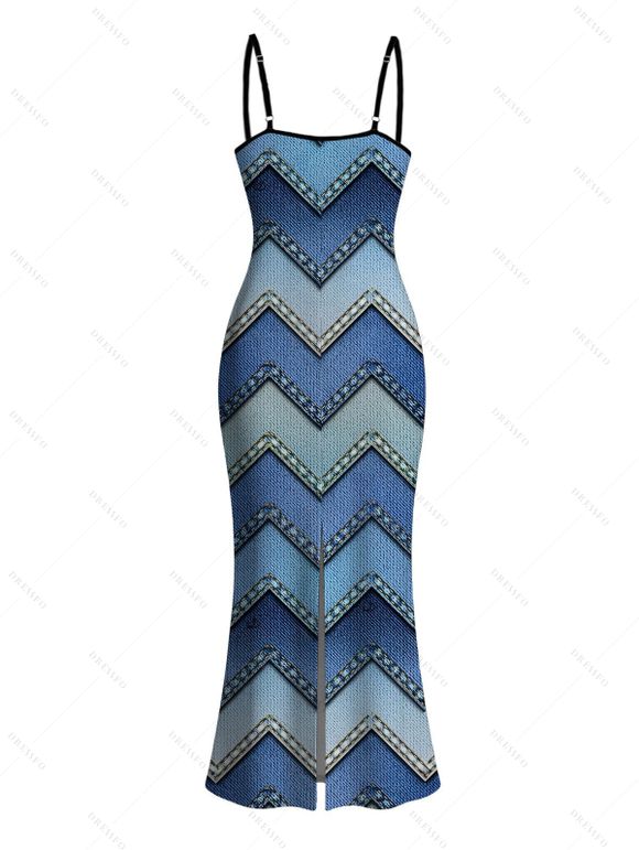 Vintage Couple Outfit Ombre Faux Denim Zig Zag Print Spaghetti Strap Maxi Bodycon Dress and Shirt Set - Bleu S | US 4