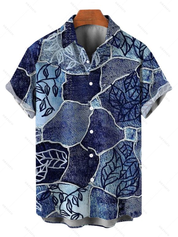 Vacation Couple Outfit Faux Denim Patchwork Leaf Print Spaghetti Strap Maxi Bodycon Dress and Shirt Set - Bleu profond S | US 4
