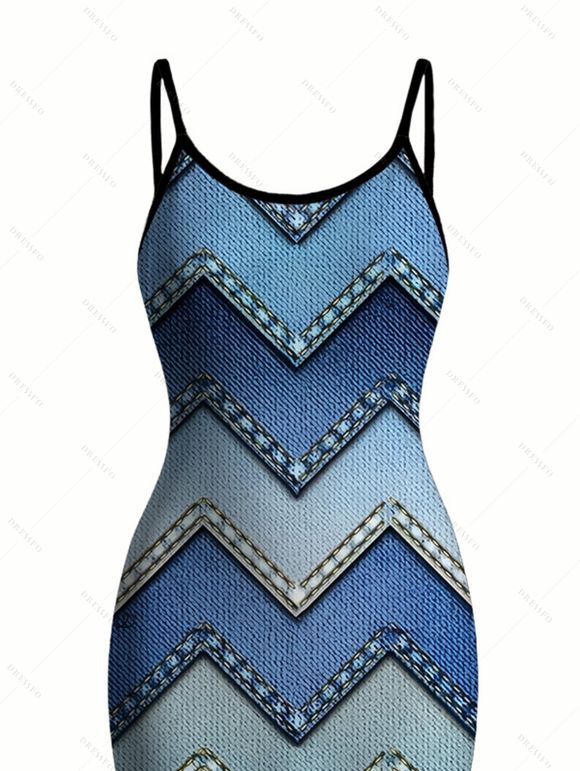 Vintage Couple Outfit Ombre Faux Denim Zig Zag Print Spaghetti Strap Maxi Bodycon Dress and Shirt Set - Bleu S | US 4