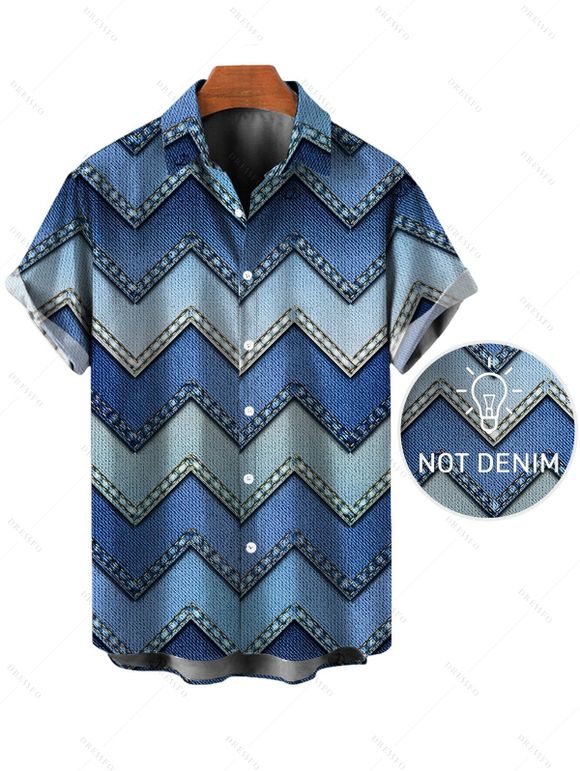 Vintage Couple Outfit Ombre Faux Denim Zig Zag Print Spaghetti Strap Maxi Bodycon Dress and Shirt Set - Bleu S | US 4