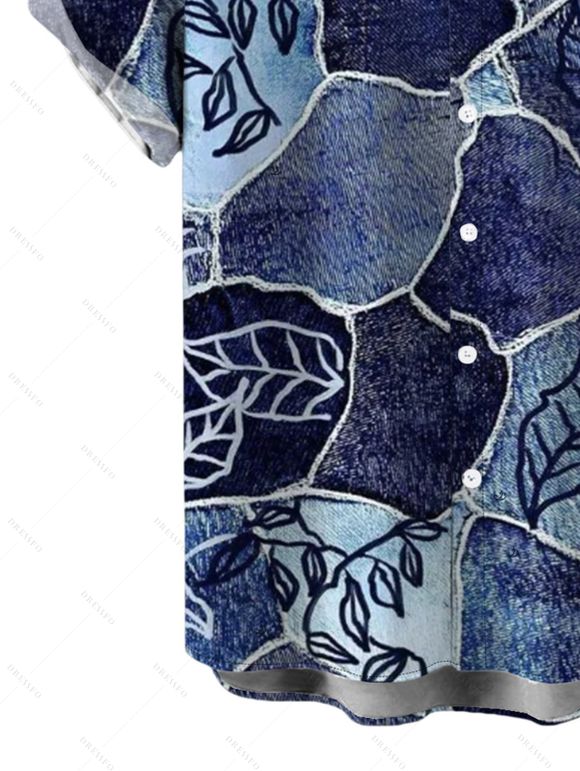 Vacation Couple Outfit Faux Denim Patchwork Leaf Print Spaghetti Strap Maxi Bodycon Dress and Shirt Set - Bleu profond S | US 4