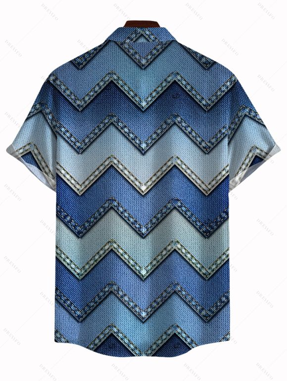 Vintage Couple Outfit Ombre Faux Denim Zig Zag Print Spaghetti Strap Maxi Bodycon Dress and Shirt Set - Bleu S | US 4