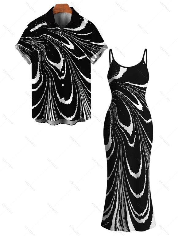 Vacation Couple Outfit Monochrome Fluid Swirl Ombre Print Spaghetti Strap Maxi Bodycon Dress and Shirt Set - Noir S | US 4