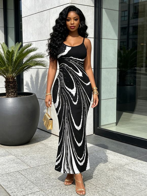 Vacation Couple Outfit Monochrome Fluid Swirl Ombre Print Spaghetti Strap Maxi Bodycon Dress and Shirt Set - Noir S | US 4