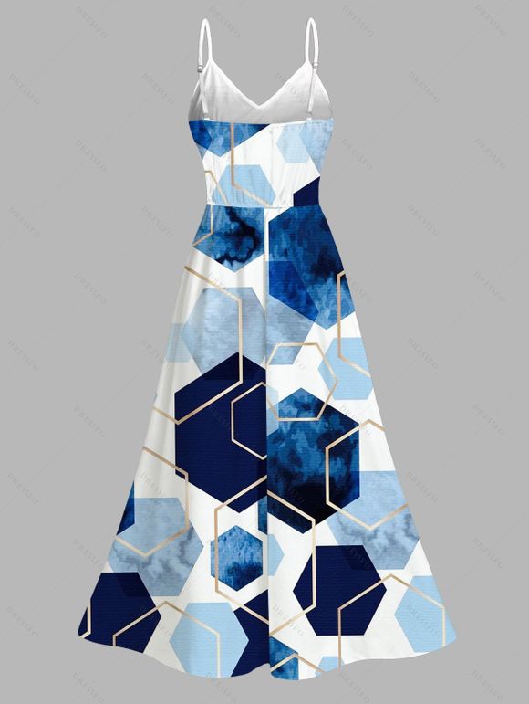 Vacation Couple Outfit Blue Ink Wash Gold Trim Hexagon Geometric Print Lace Hollow Out Slit Dress and Shirt Set - Bleu S | US 4
