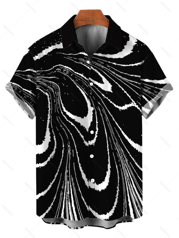 Vacation Couple Outfit Monochrome Fluid Swirl Ombre Print Spaghetti Strap Maxi Bodycon Dress and Shirt Set - Noir S | US 4