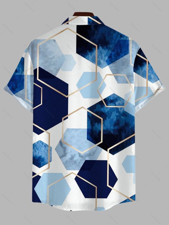 Vacation Couple Outfit Blue Ink Wash Gold Trim Hexagon Geometric Print Lace Hollow Out Slit Dress and Shirt Set - Bleu S | US 4