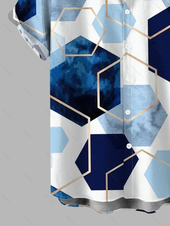 Vacation Couple Outfit Blue Ink Wash Gold Trim Hexagon Geometric Print Lace Hollow Out Slit Dress and Shirt Set - Bleu S | US 4