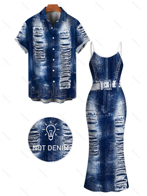 Vacation Couple Outfit Distressed Faux Denim Print Spaghetti Strap Maxi Bodycon Dress and Shirt Set - Bleu profond S | US 4