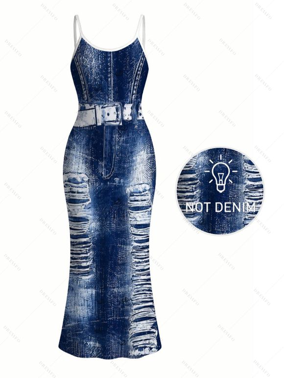 Vacation Couple Outfit Distressed Faux Denim Print Spaghetti Strap Maxi Bodycon Dress and Shirt Set - Bleu profond S | US 4