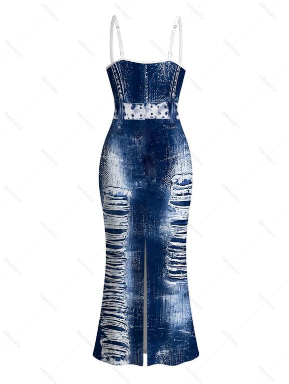 Vacation Couple Outfit Distressed Faux Denim Print Spaghetti Strap Maxi Bodycon Dress and Shirt Set - Bleu profond S | US 4