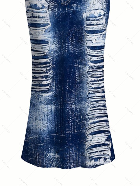 Vacation Couple Outfit Distressed Faux Denim Print Spaghetti Strap Maxi Bodycon Dress and Shirt Set - Bleu profond S | US 4