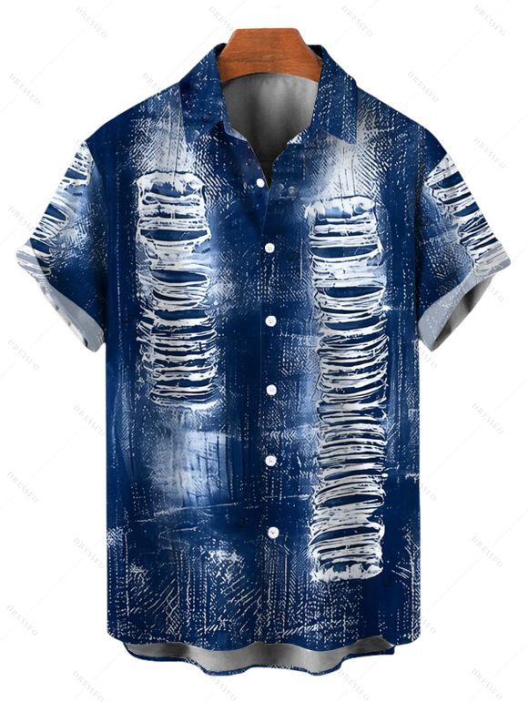 Vacation Couple Outfit Distressed Faux Denim Print Spaghetti Strap Maxi Bodycon Dress and Shirt Set - Bleu profond S | US 4