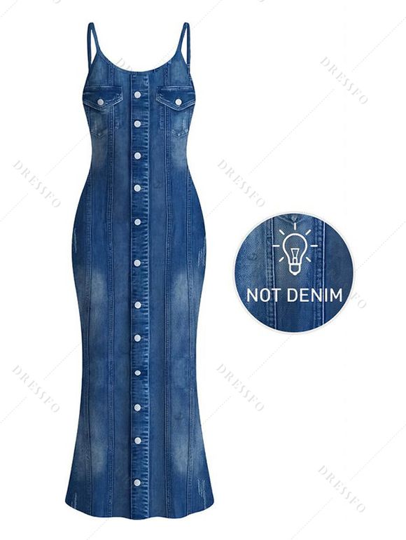 Casual Dress Faux Denim Print Spaghetti Strap Maxi Bodycon Dress - Bleu Toile de Jean XXL | US 14