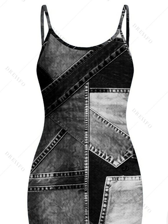 Casual Dress Faux Denim Patchwork Print Spaghetti Strap Maxi Bodycon Dress - Noir XXXXL | US 18