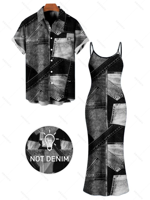Casual Couple Outfit Faux Denim Patchwork Print Spaghetti Strap Maxi Bodycon Dress and Shirt Set - Noir S | US 4